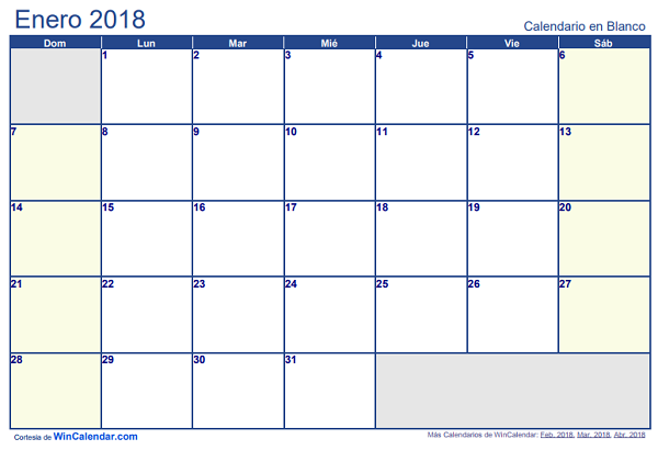 Calendario 2018 en blanco