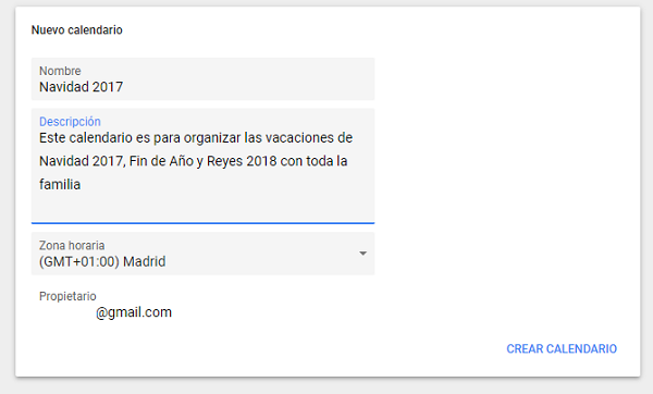 Cómo organizar tus vacaciones de Navidad con Google Calendar 3 crear nuevo calendario