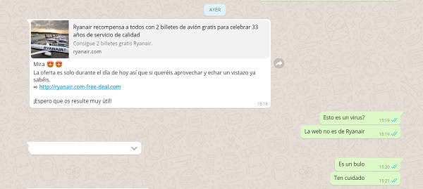 Se extiende un bulo de WhatsApp que asegura regalar billetes de RyanAir 2 bulo ryhanair whatsapp