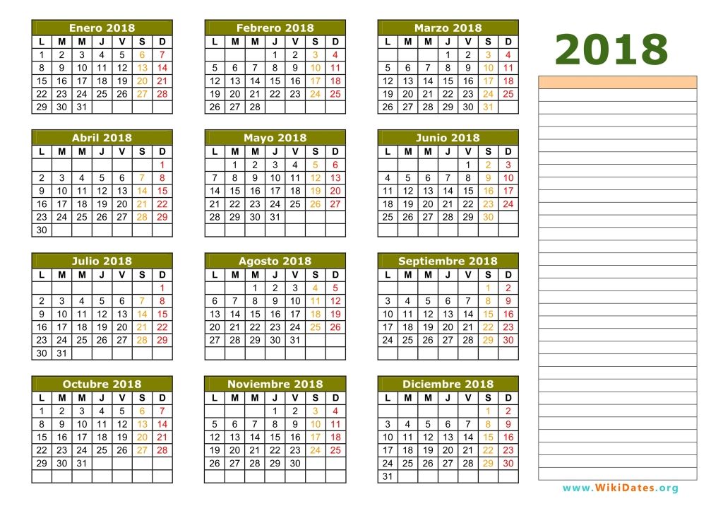 Calendario 2018 vacaciones