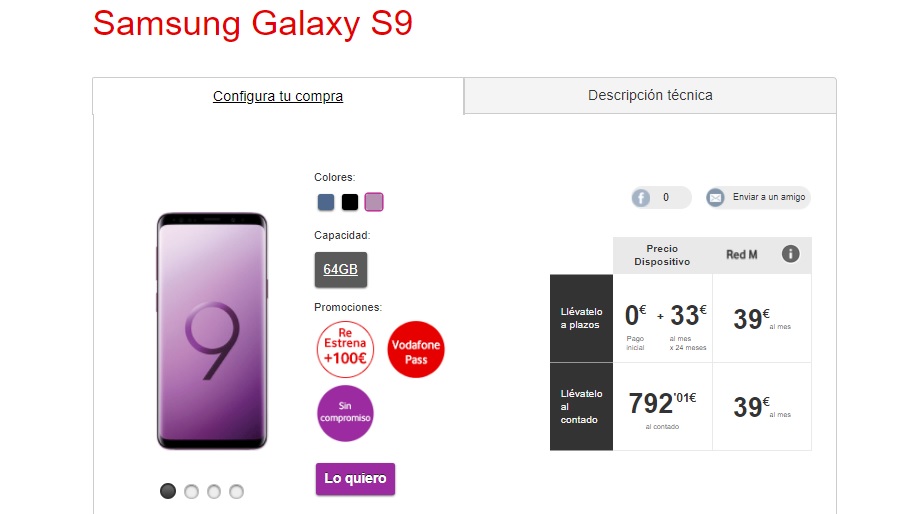 Samsung Galaxy S9 y S9+, precios con Vodafone