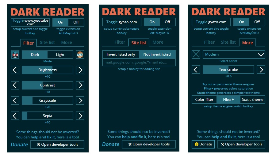 Configuración Dark Reader
