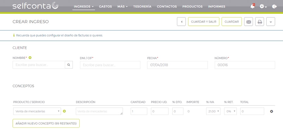 Cómo generar facturas y llevar la contabilidad gratis por Internet 4 crear factura