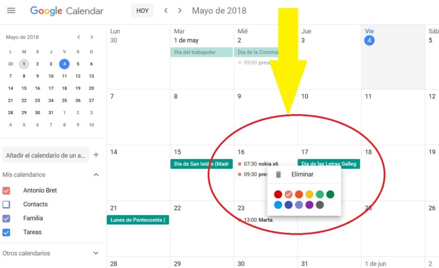 colores eventos calendario google