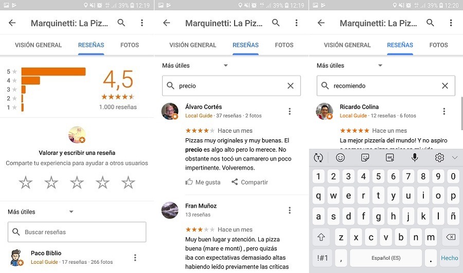 Cómo buscar texto en las reseñas de restaurantes y negocios en Google Maps