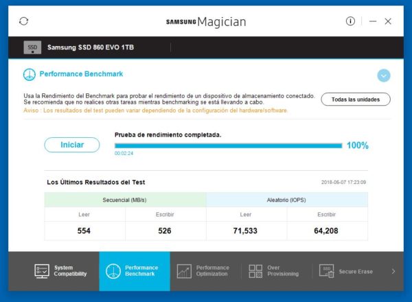 Resultados de la prueba de rendimiento en Samsung Magician