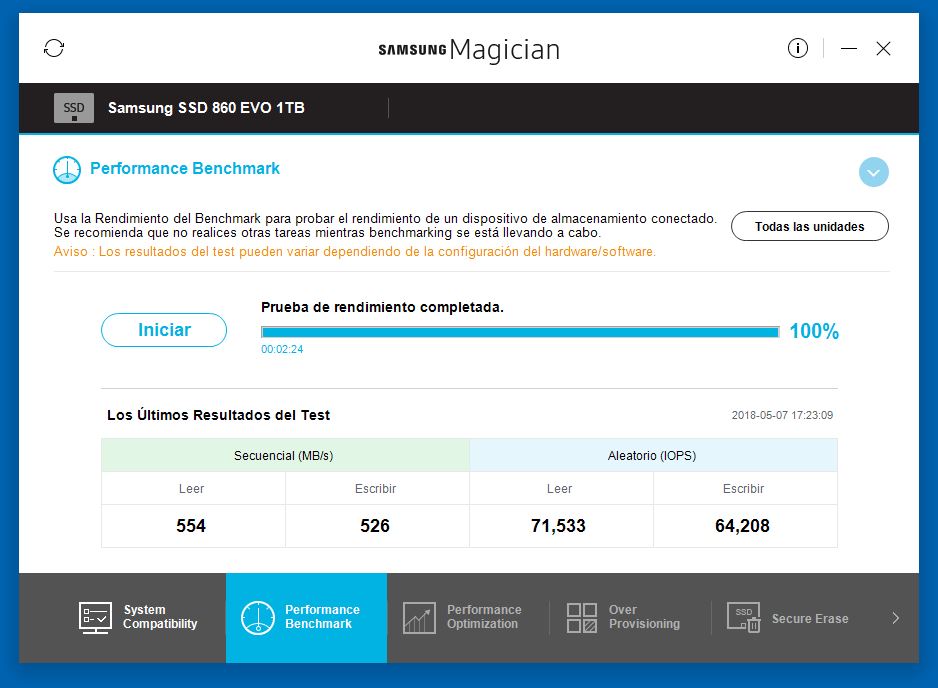 Resultados de la prueba de rendimiento en Samsung Magician