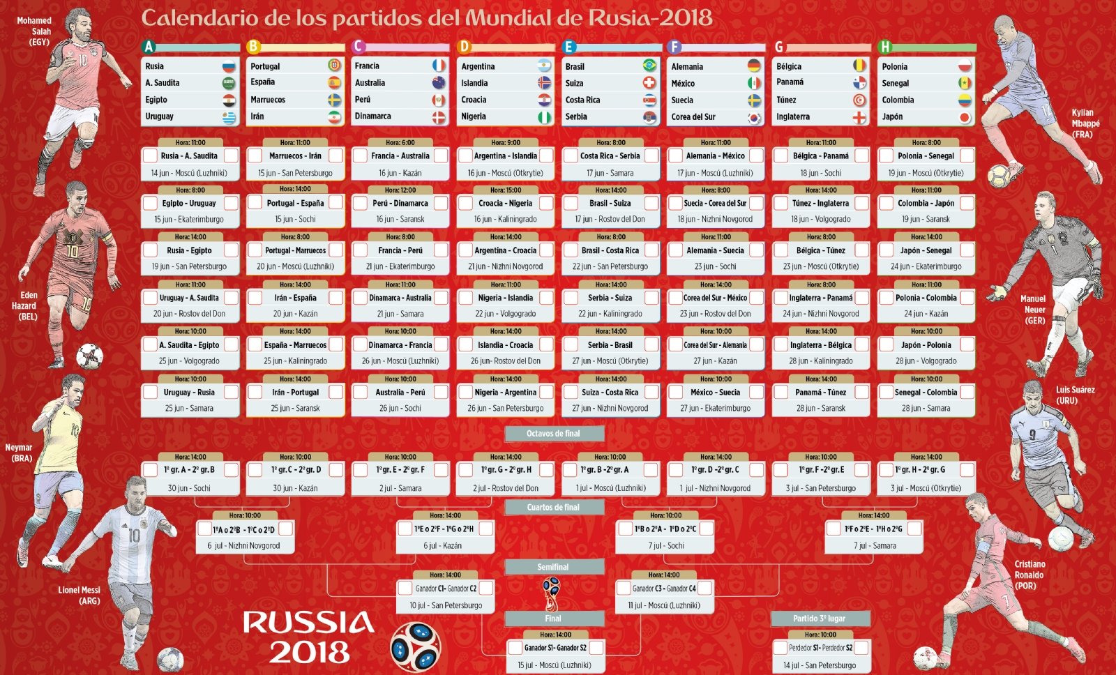 Mariscos en general Familiar 20 calendarios del Mundial de Fútbol 2018 para descargar e imprimir