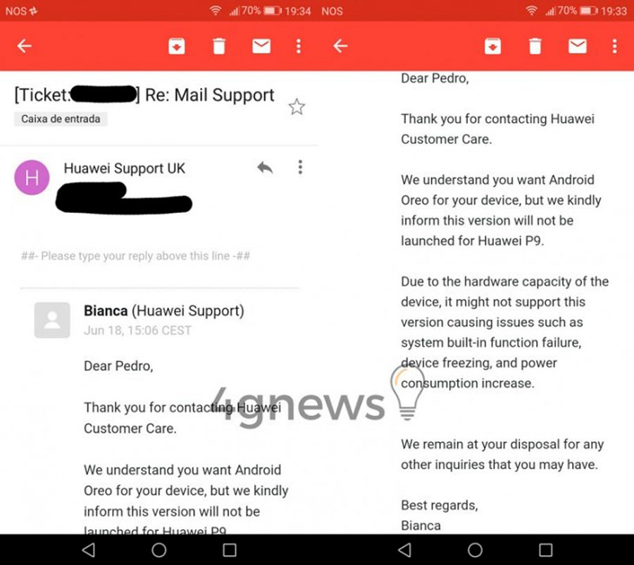 el Huawei P9 podría quedarse sin Android 8 Oreo correo