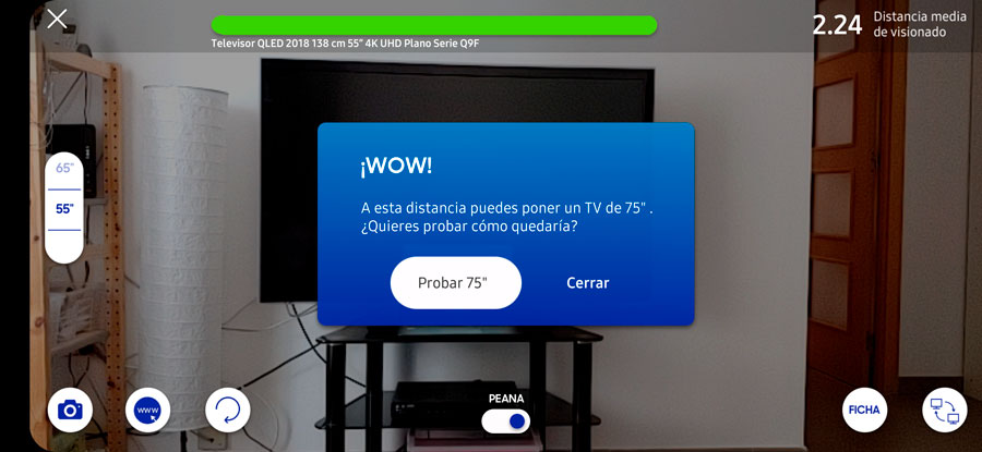 probamos app Samsung para calcular tamaño ideal del televisor pantalla recomendación