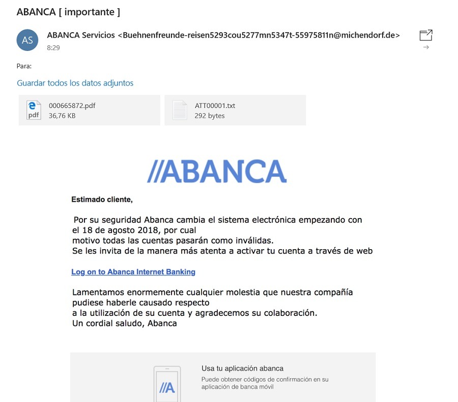 Cuidado con el fraude del falso correo de ABANCA con un supuesto cambio de sistema
