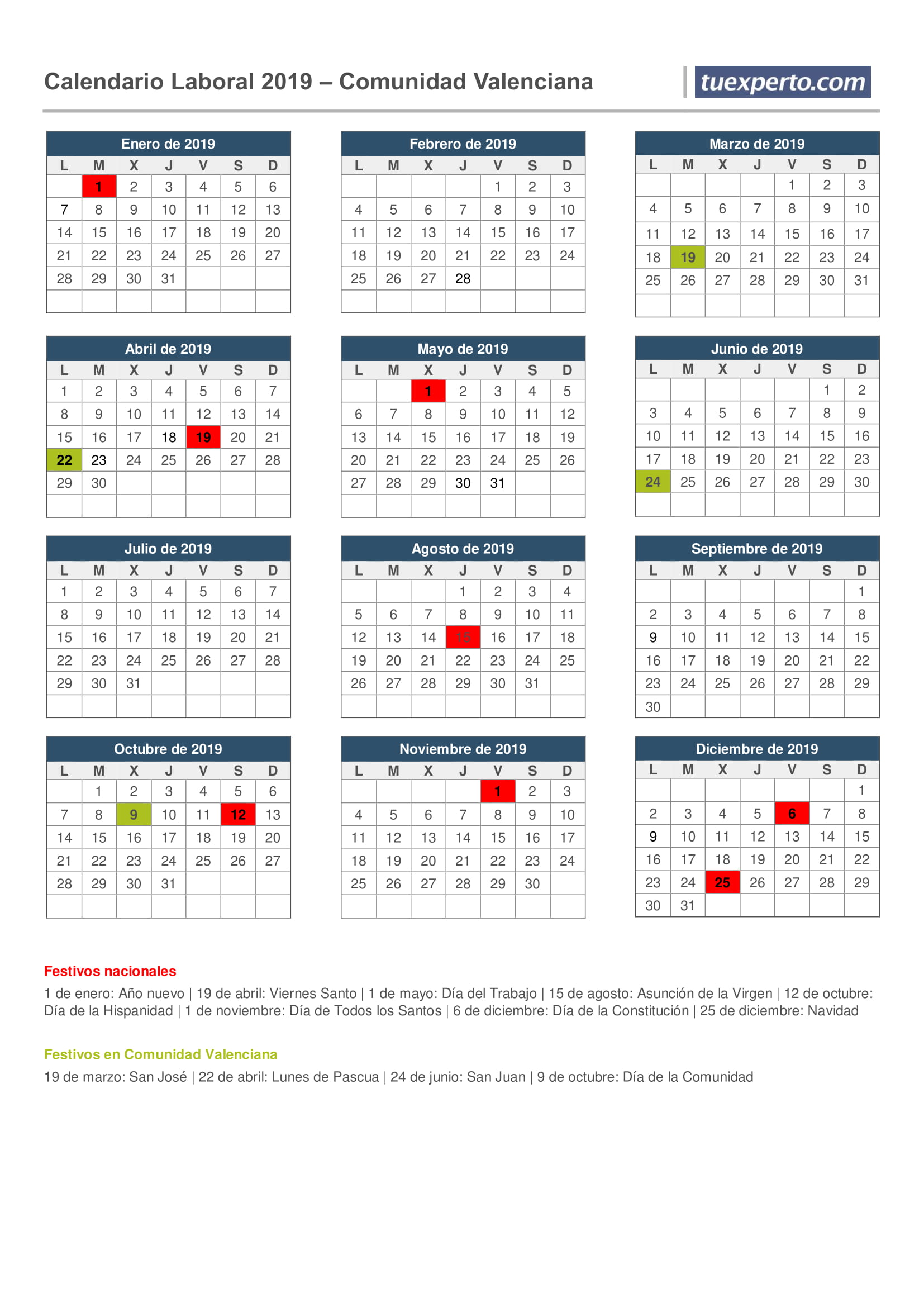 calendario laboral 2019