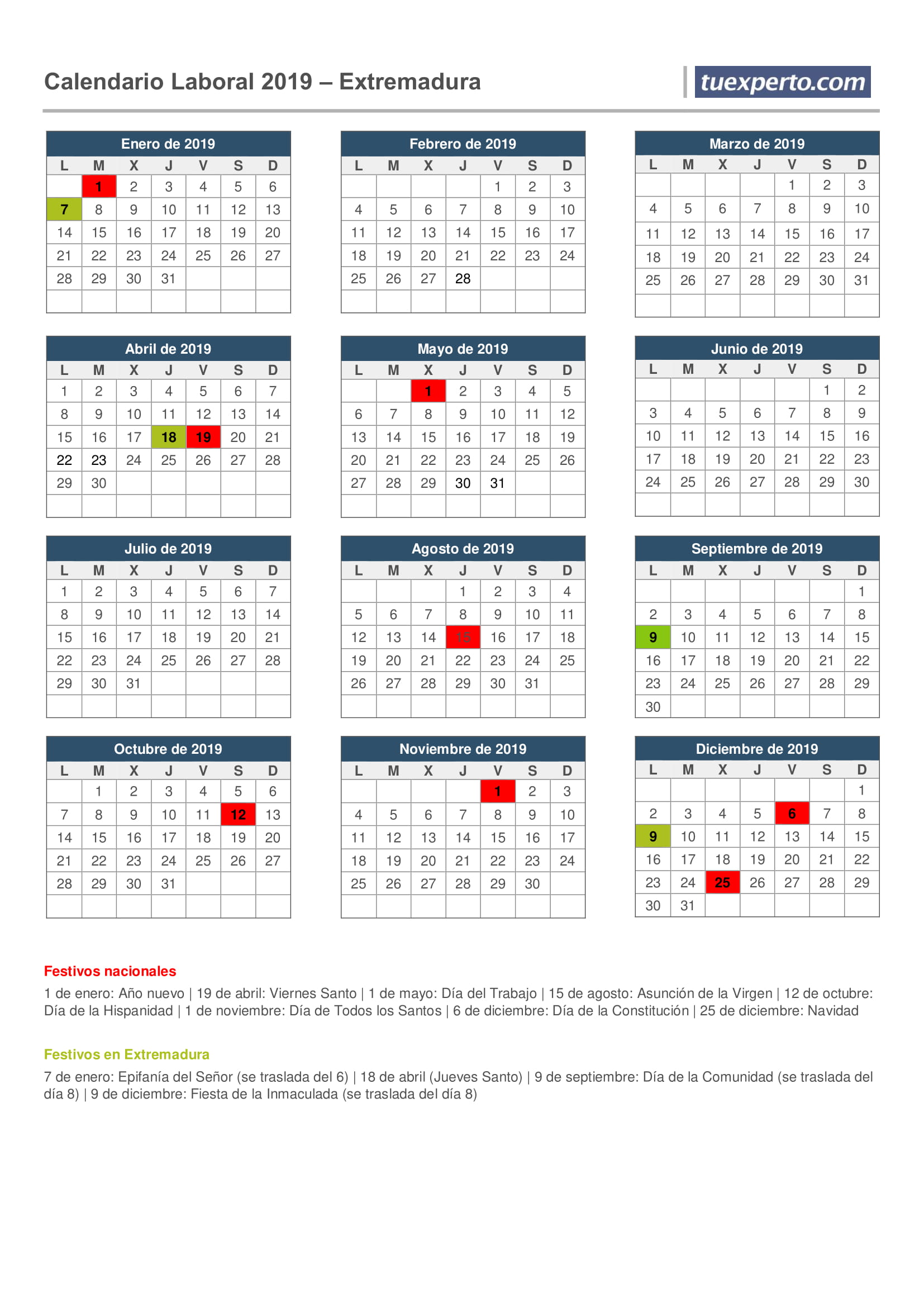 extremadura calendario laboral 2019
