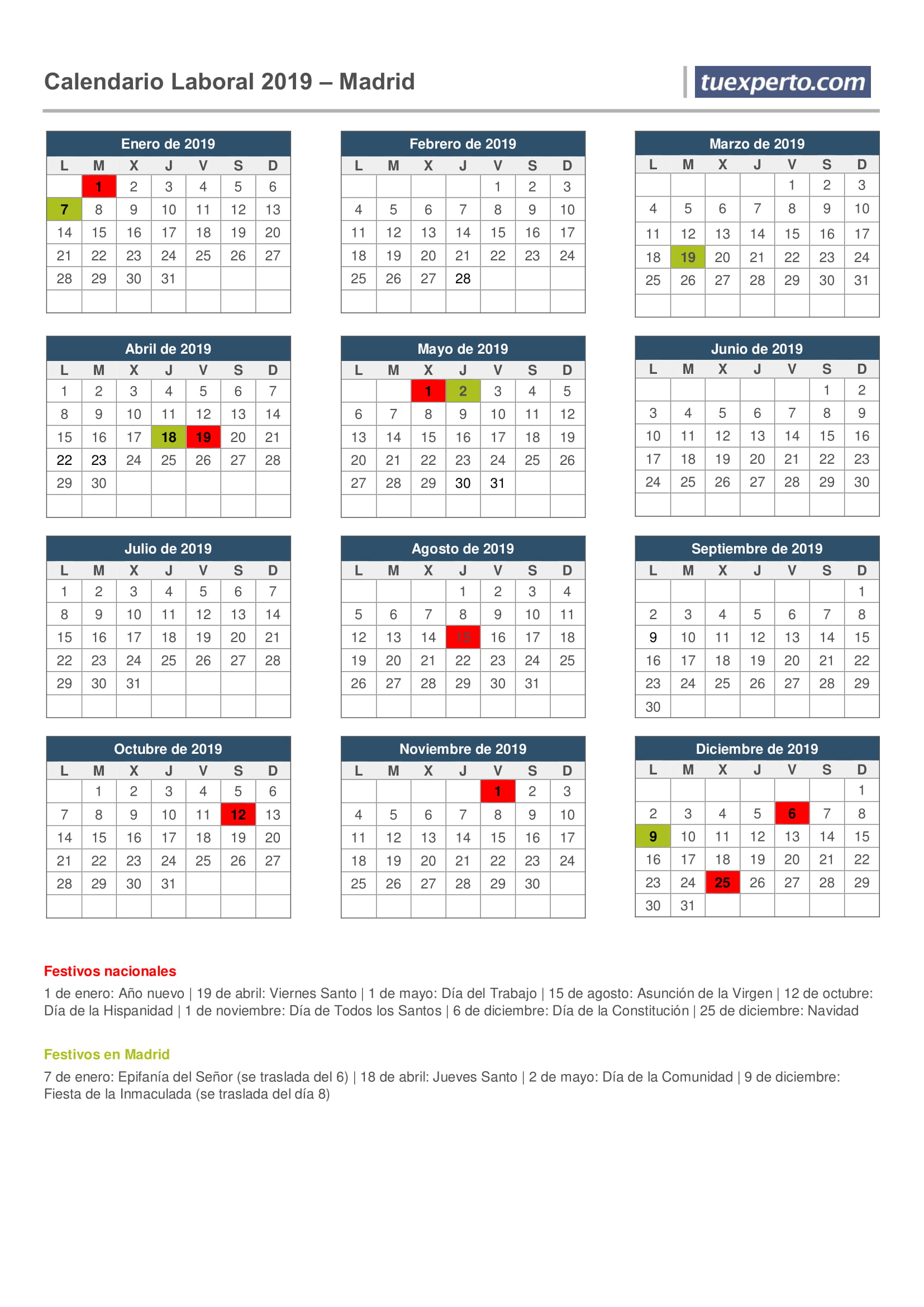 calendario laboral 2019 madrid
