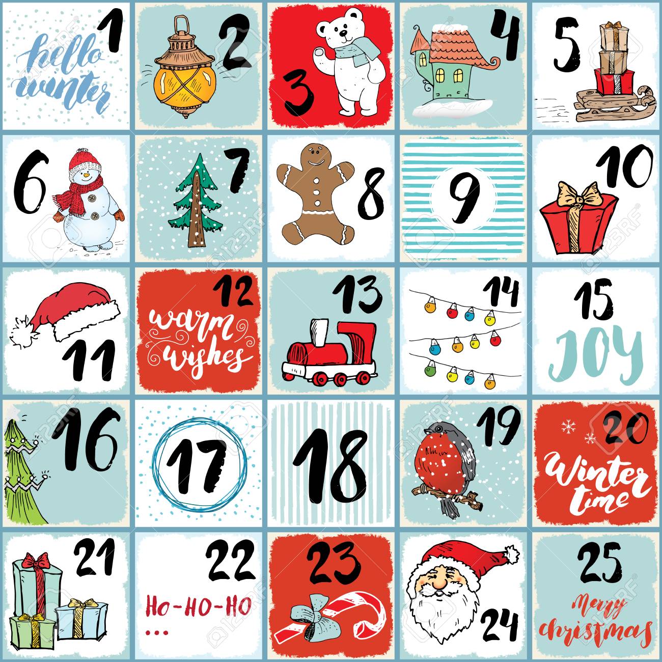 Christmas advent calendar. Hand drawn elements and numbers. Winter holidays calendar cards set design, Vector illustration