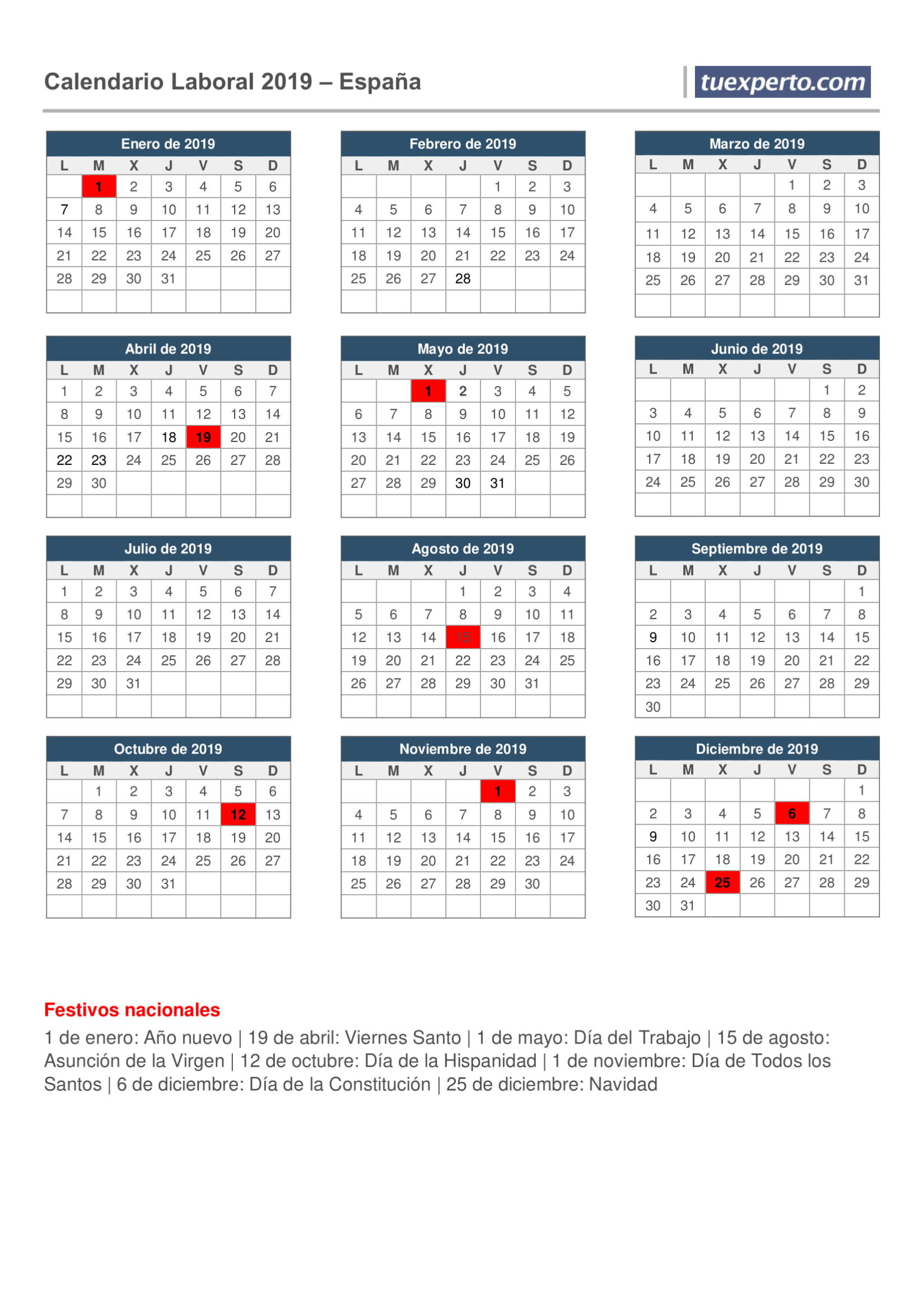Calendario laboral 2019 para descargar 