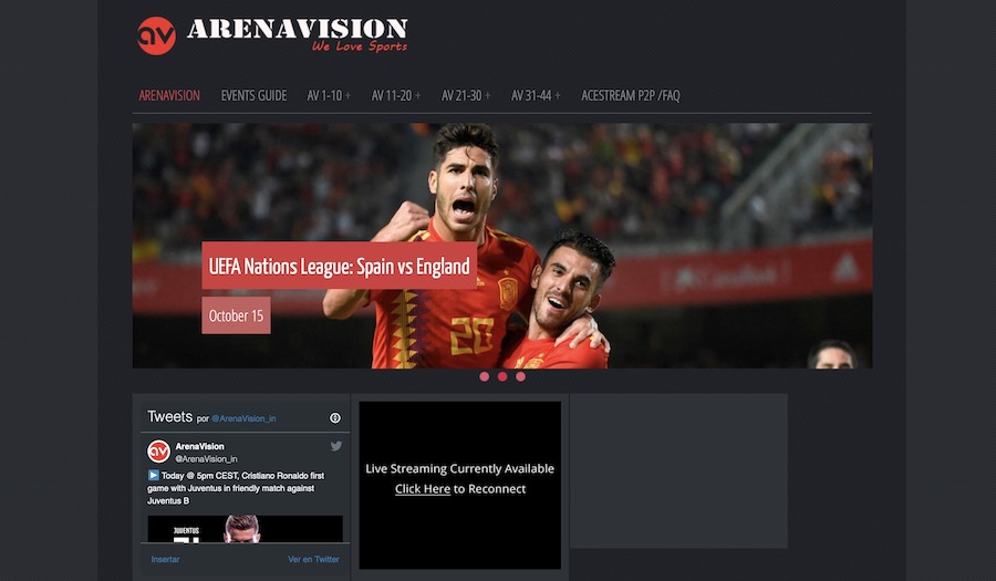 ArenaVision, cómo entrar a la web de deportes y fútbol P2P en España