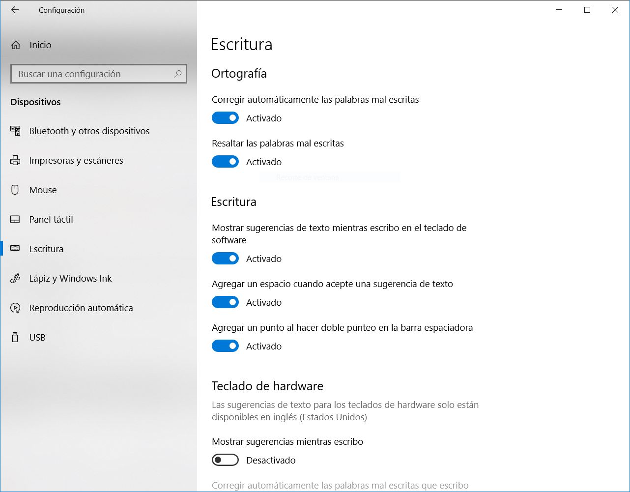 Opción para desactivar la correccion automatica de palabras en windows