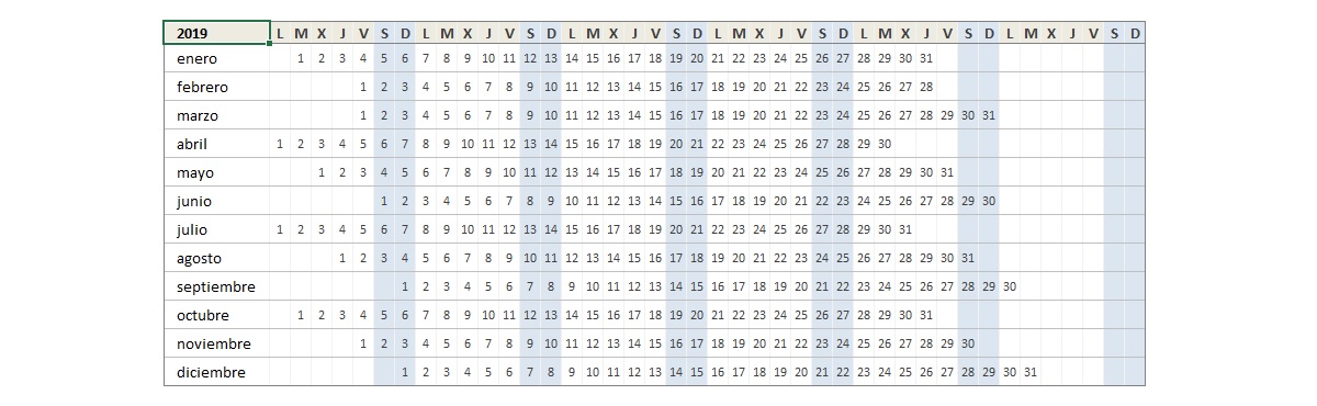 calendario 2019 excel