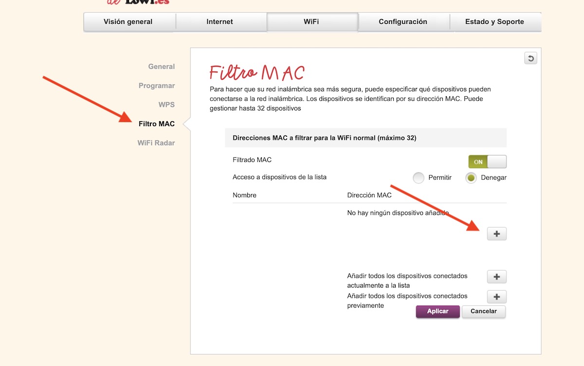 filtrado mac router lowi