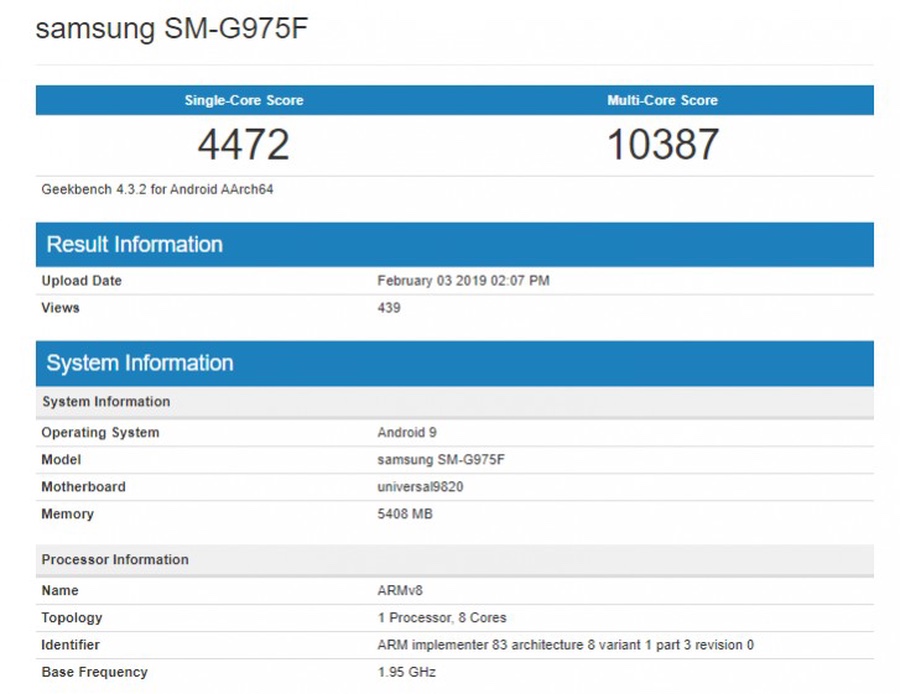 Resultado GeekBench del Samsung Galaxy S10+