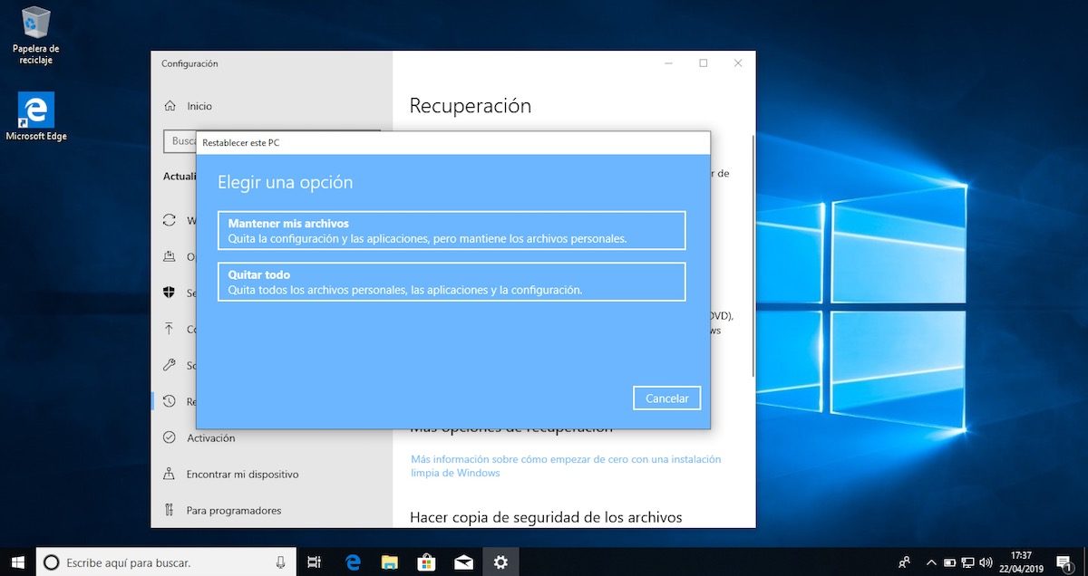 restablecer ordenador con windows 10 2