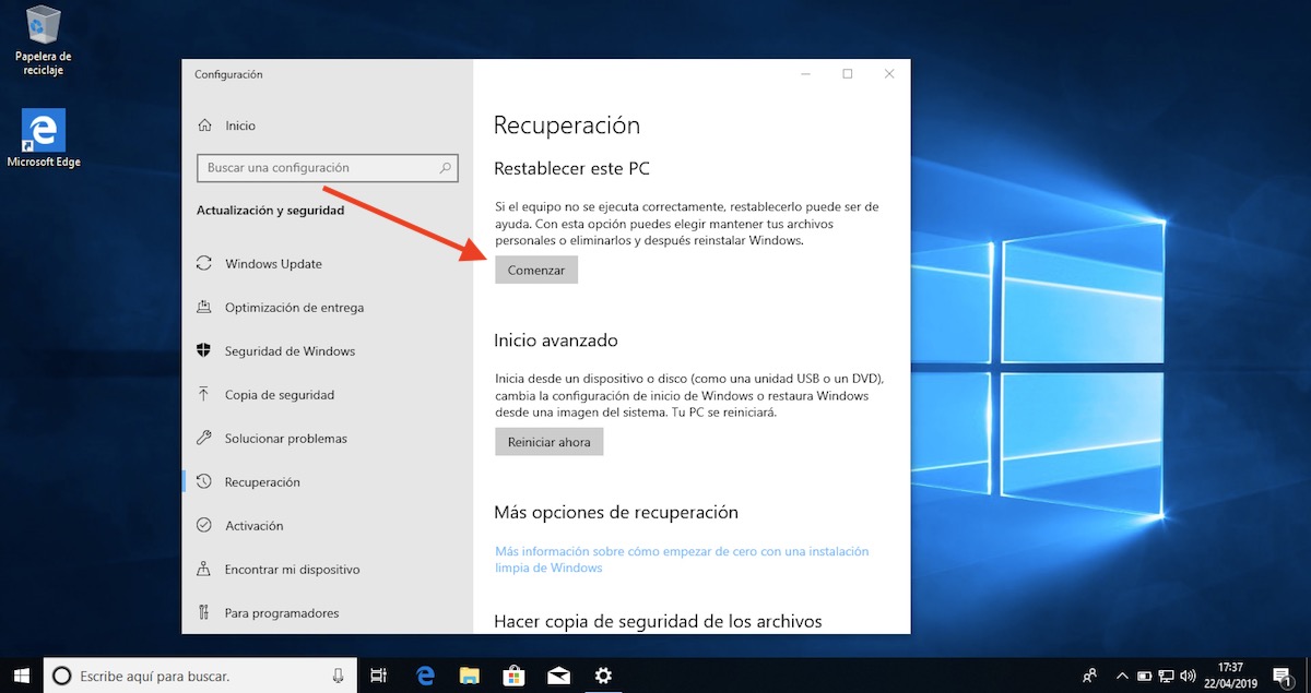 restablecer ordenador con windows 10