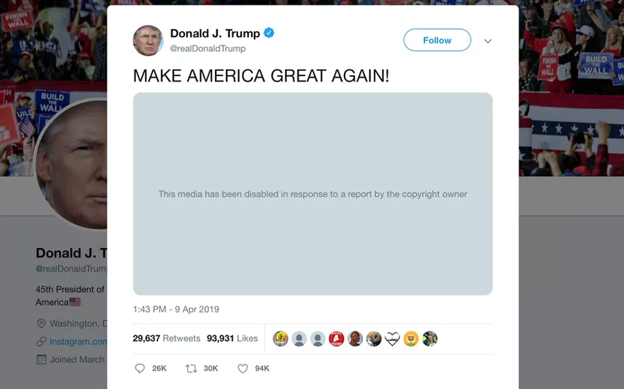 Twitter elimina un vídeo de Trump por violar derechos de autor eliminado