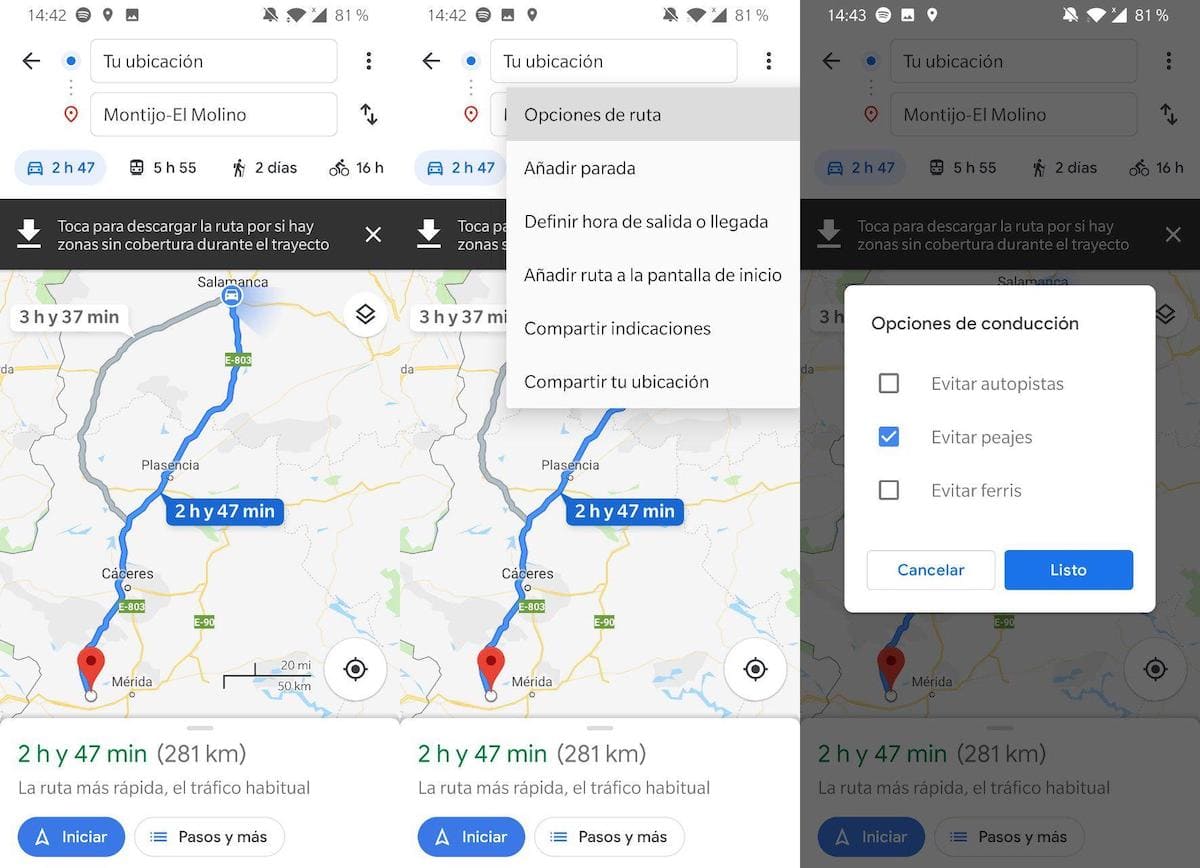google maps ruta sin peajes