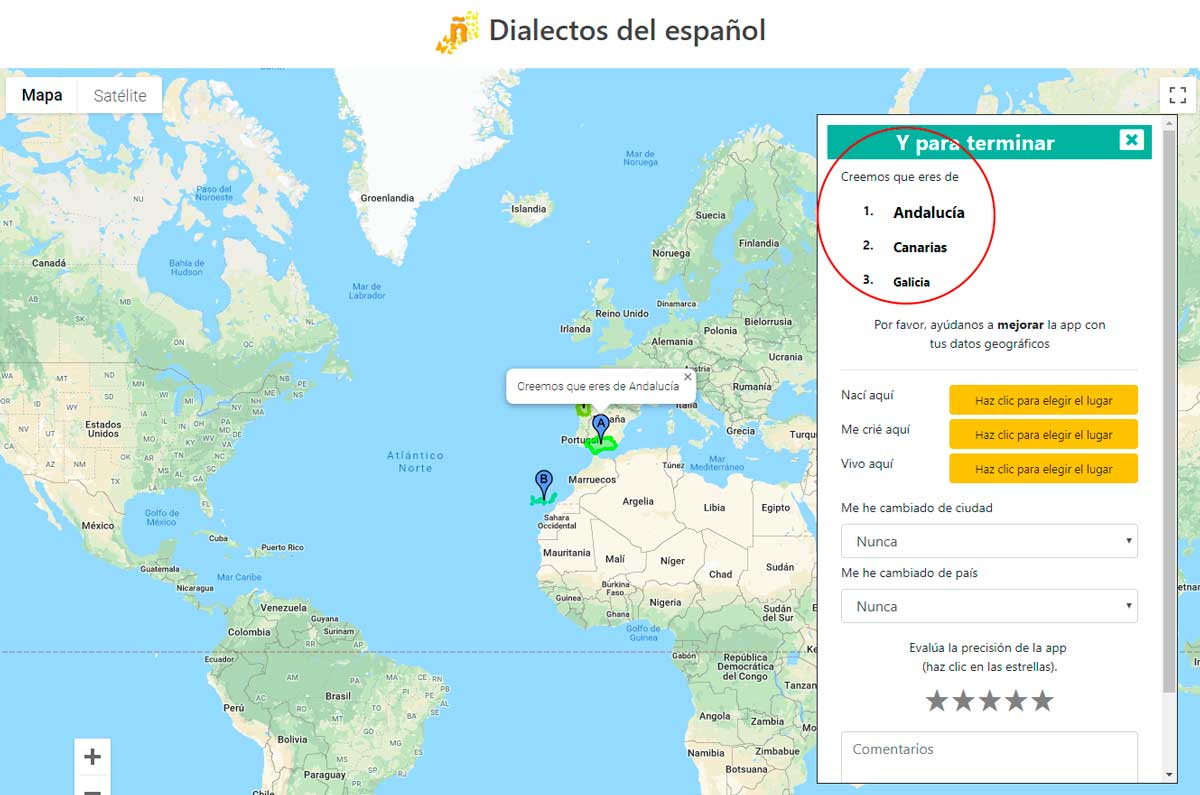 juego Dialectos del español resultado