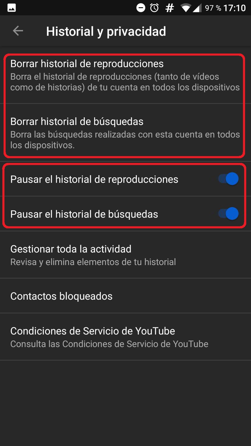 Borrar el historial de YouTube en tu smartphone o tablet 4