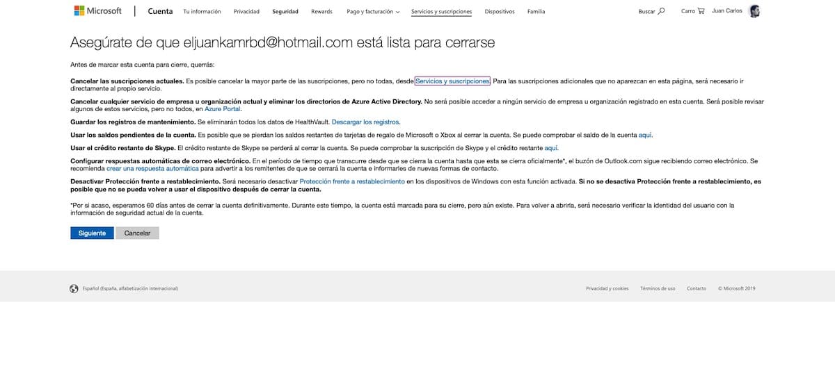 cerrar cuenta outlook hotmail 2019 1