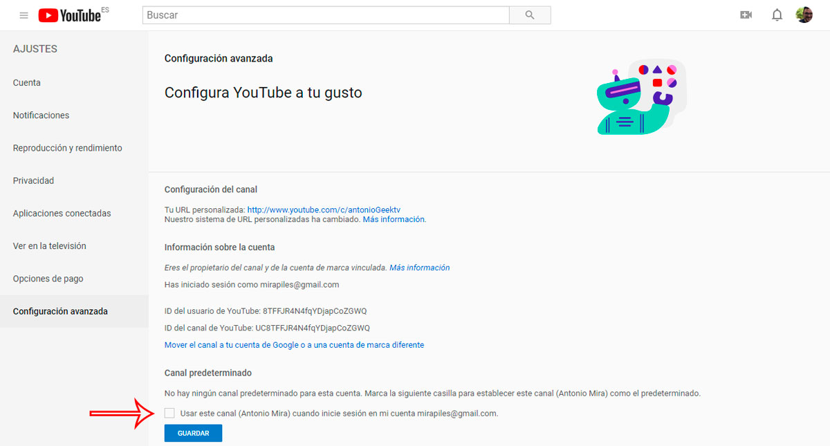 cómo establecer el canal predeterminado de nuestra cuenta de YouTube elegir canal predeterminado