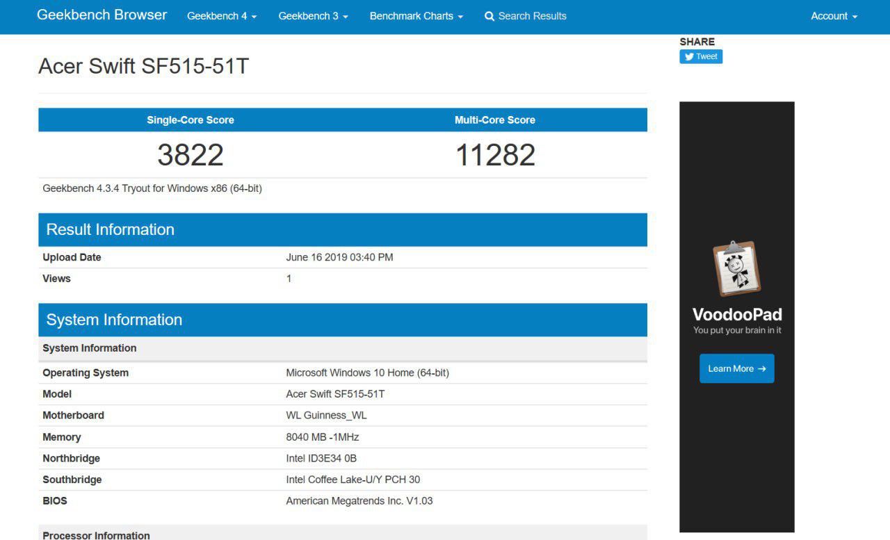 geekbench acer swift 5