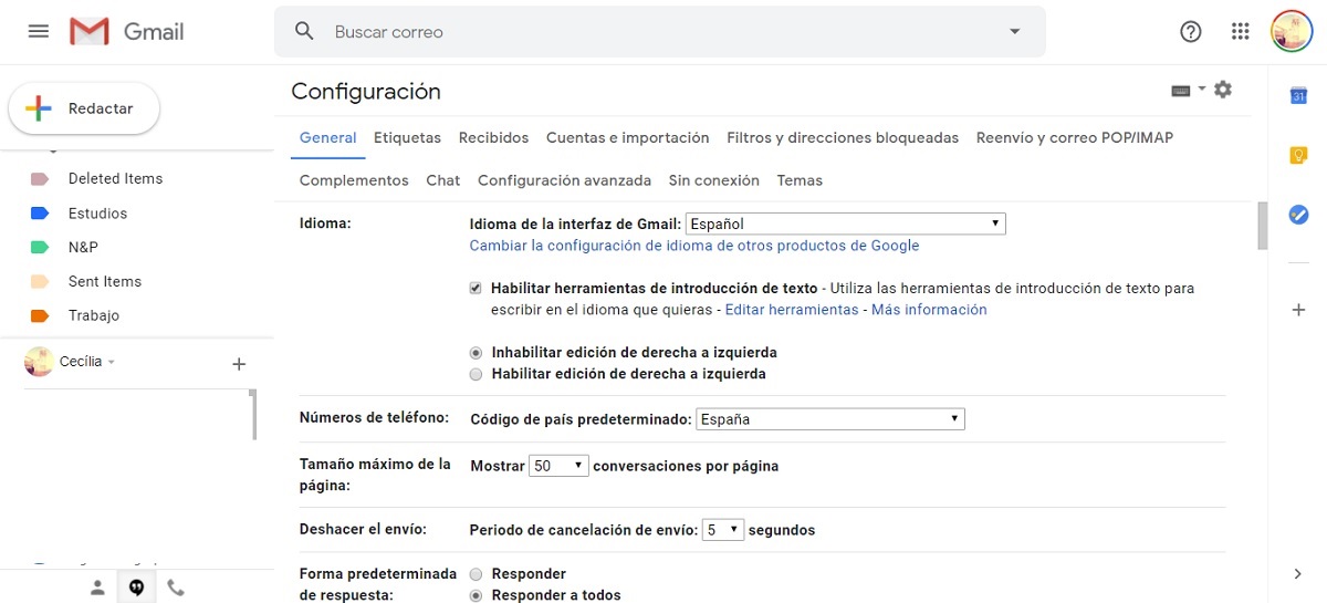 Comparativa de cuentas de correo de Hotmail Outlook y Gmail, ventajas y desventajas 6 gmail-opciones-configuracion