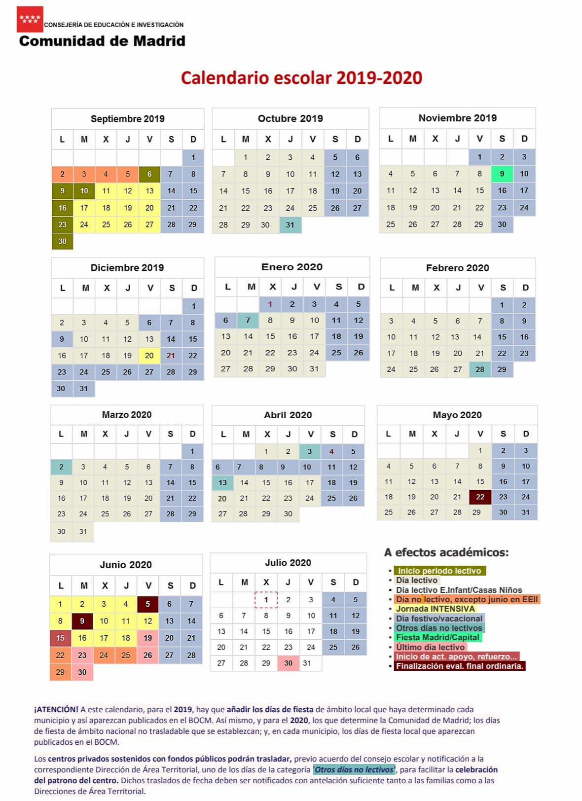 calendario escolar madrid 2019 2020