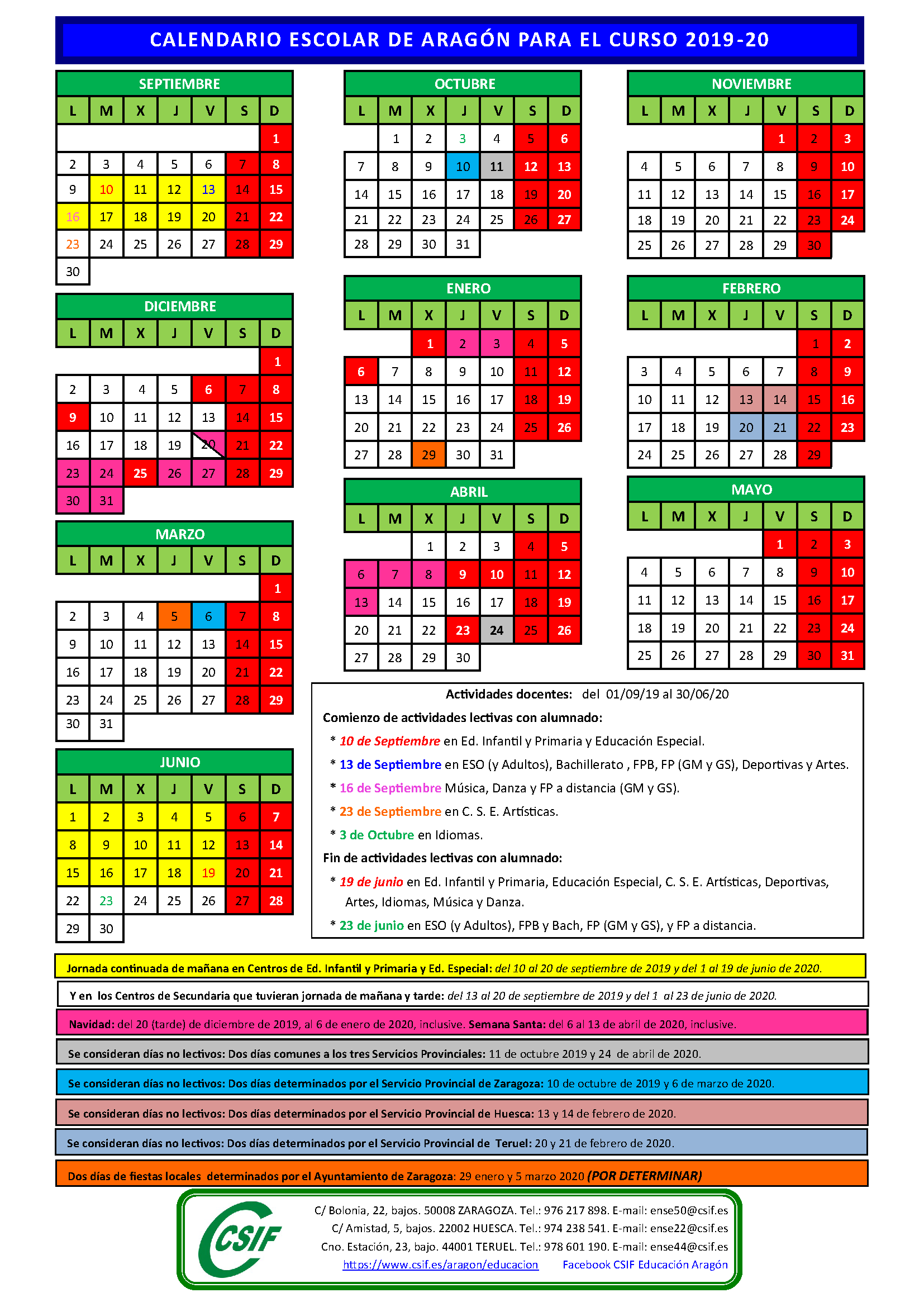 calendario escolar aragon 2019