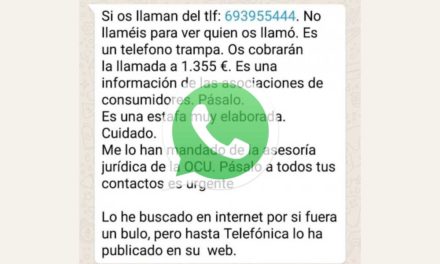 Cuidado con la alerta de WhatsApp del número 693955444 y los 1.500 euros
