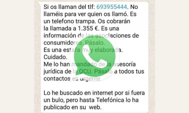 Cuidado con la alerta de WhatsApp del número 693955444 y los 1.500 euros