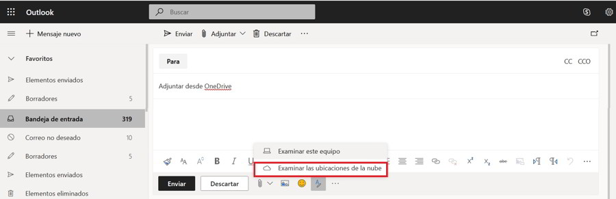 Adjuntar a tus correos de Outlook