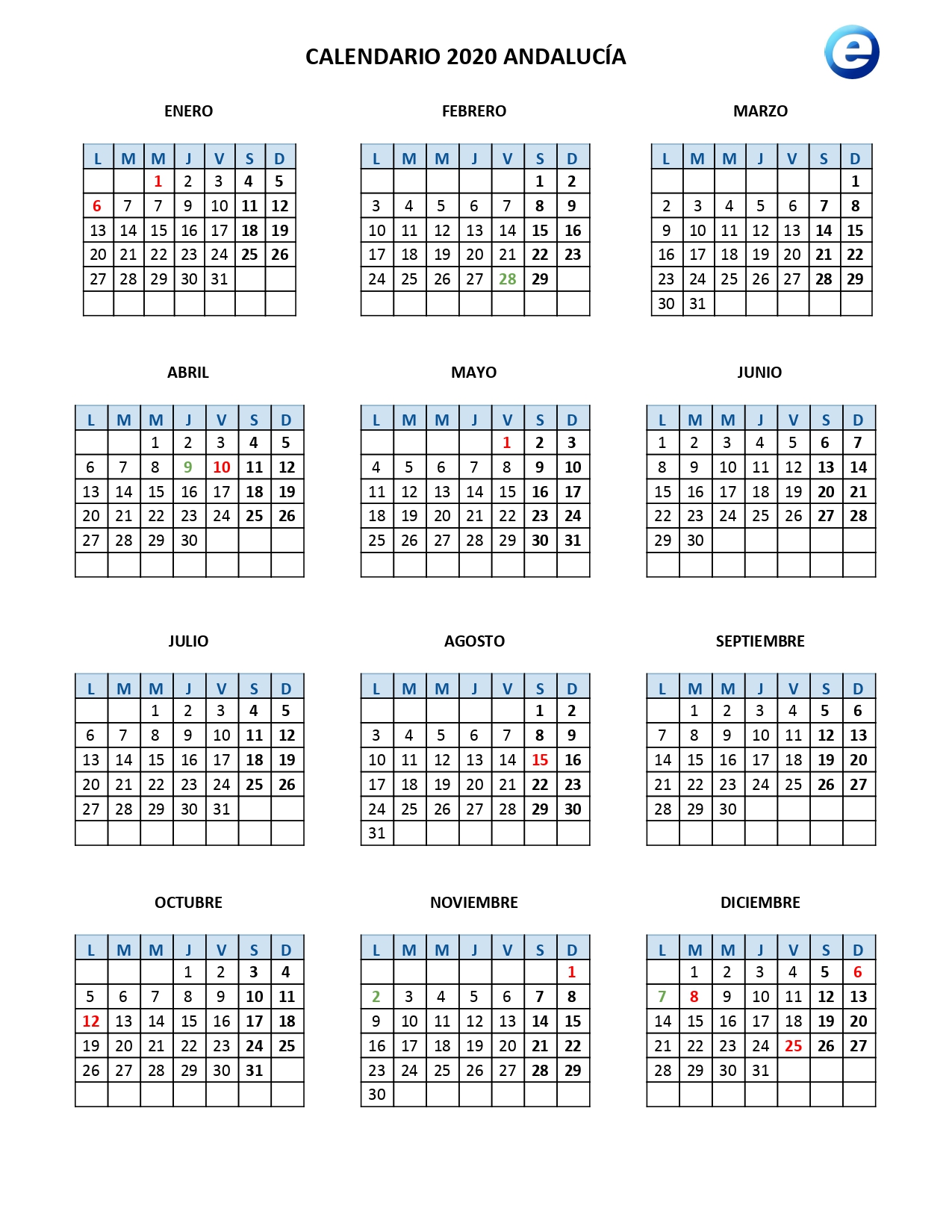 Calendario laboral 2020, calendarios para imprimir con los festivos oficiales por comunidad 1