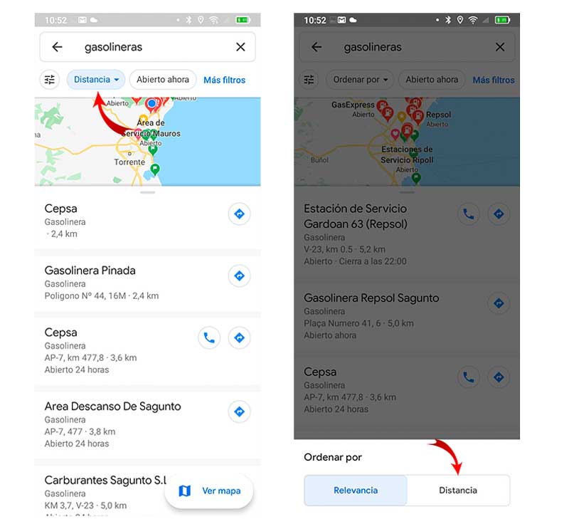 cómo encontrar la gasolinera más cercana con Google Maps ordenar
