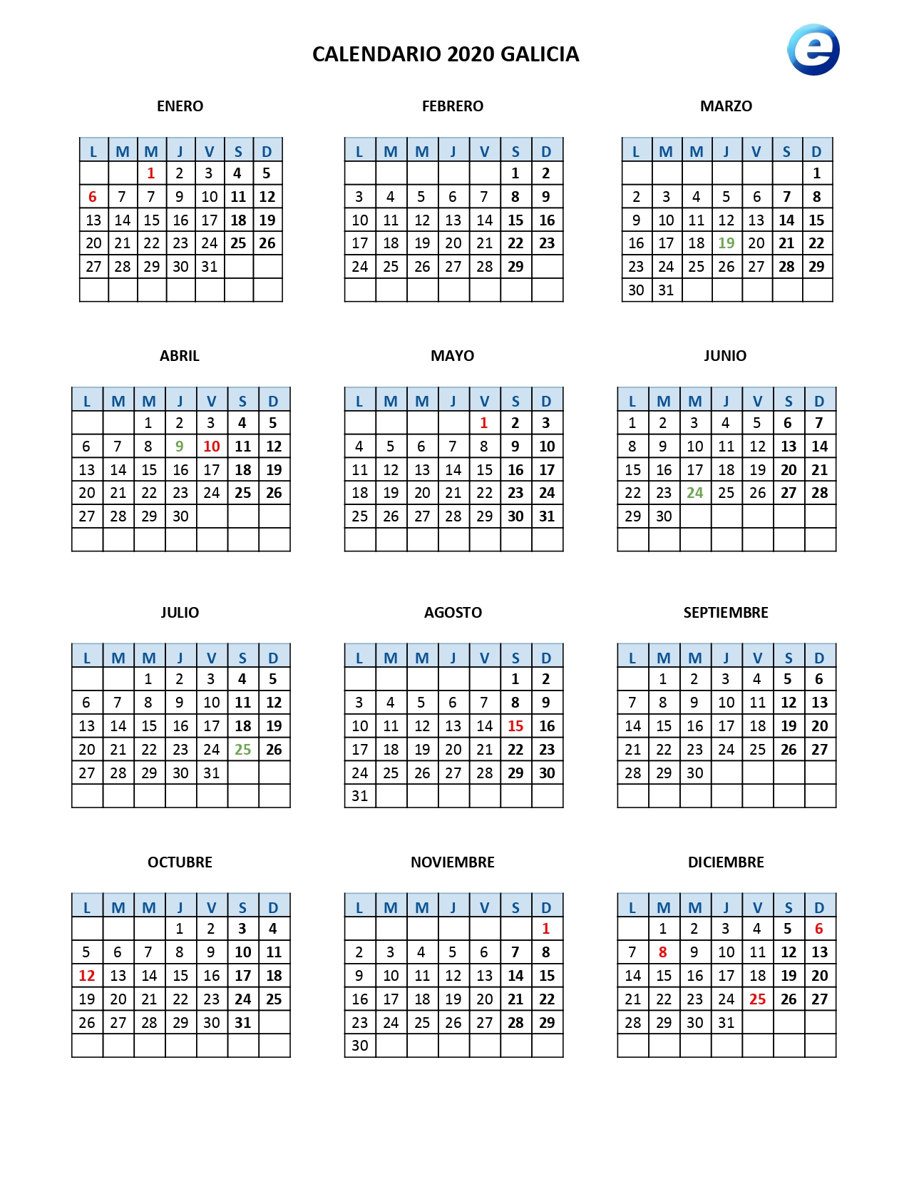 Calendario laboral 2020, calendarios para imprimir con los festivos oficiales por comunidad 2