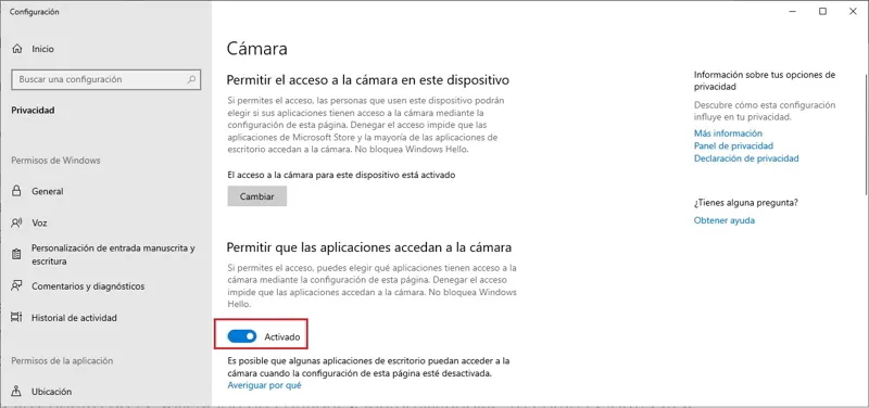 activar webcam windows 10 2