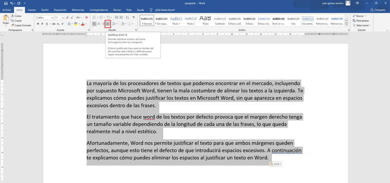 eliminar espacios al justificar texto en Word 1