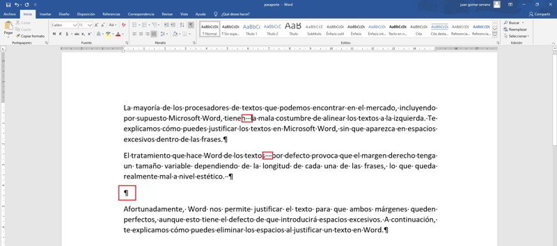 eliminar espacios al justificar texto en Word 5