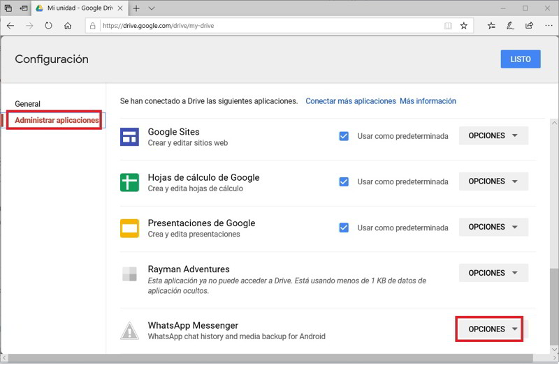 Borra la copia de seguridad en Google Drive 2