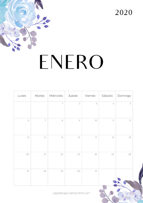 Calendario 2020 para imprimir con espacios para escribir
