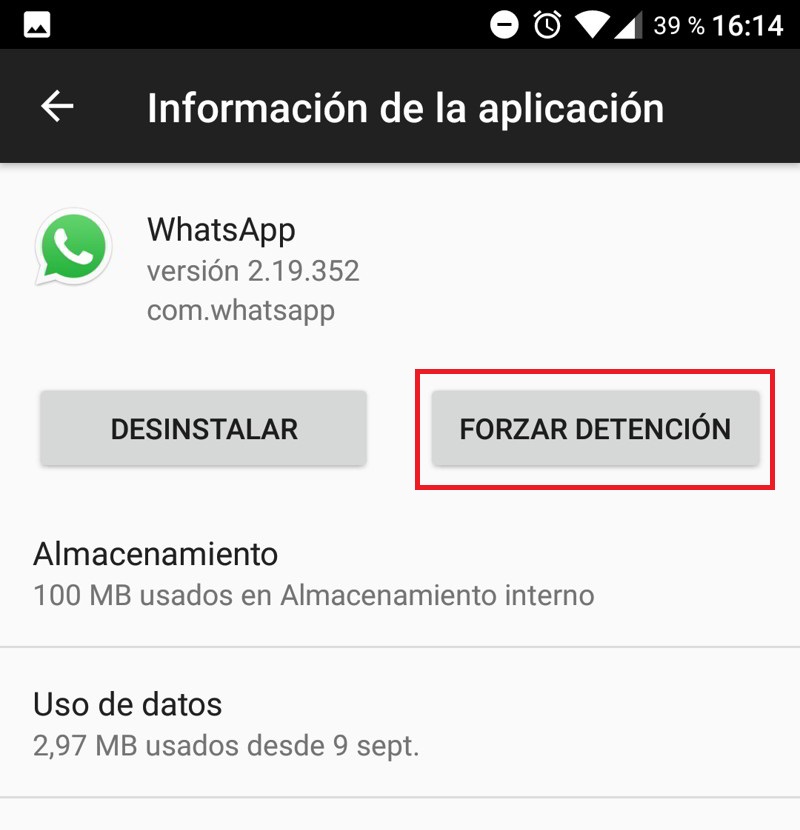 Fuerza el cierre de WhatsApp