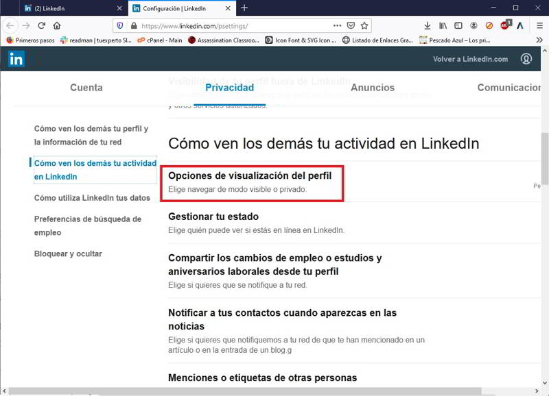 Visitar perfiles de LinkedIn de forma anónima desde el ordenador 2